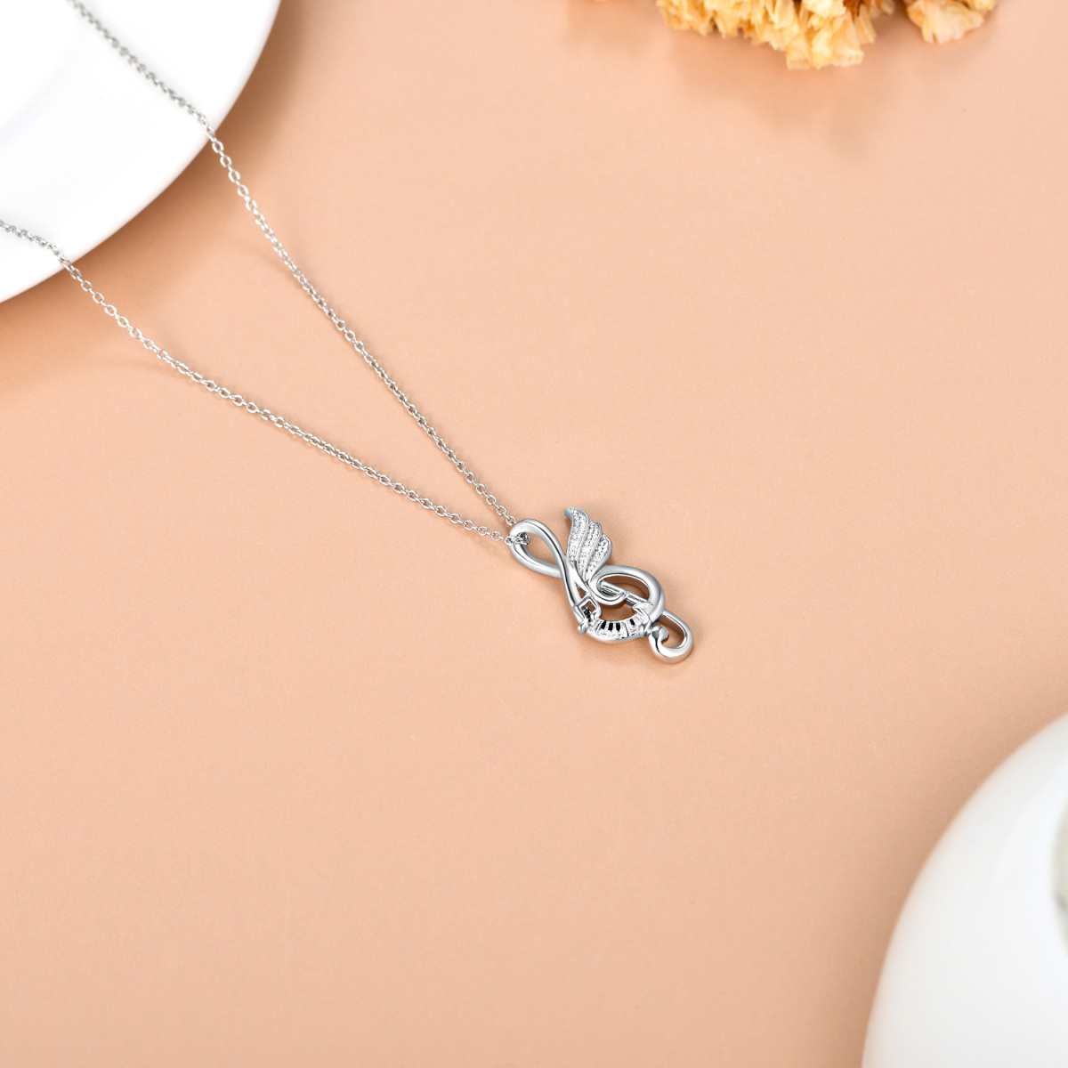 Sterling Silver Round Cubic Zirconia Music Symbol Pendant Necklace-5