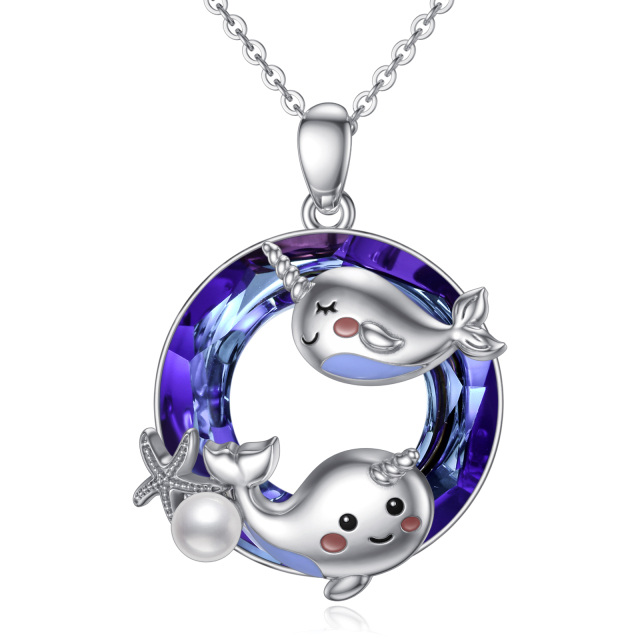 Sterling Silver Round Narwhal Crystal Pendant Necklace-4