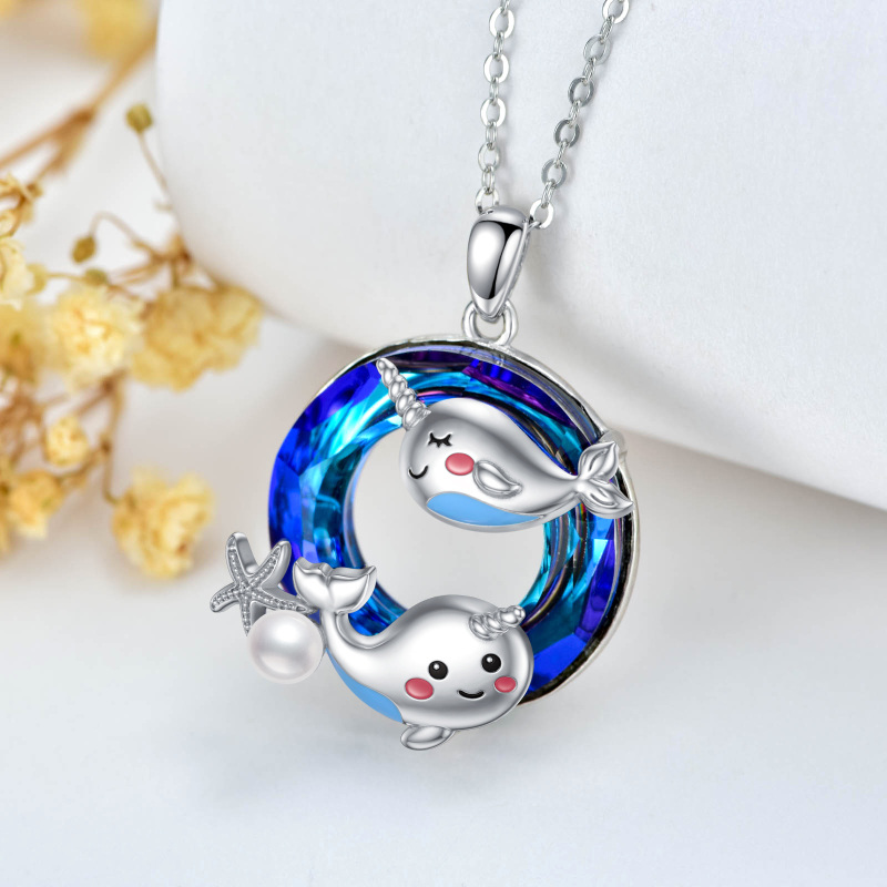 Sterling Silver Round Narwhal Crystal Pendant Necklace-3