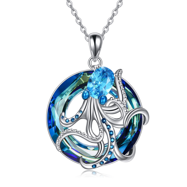 Sterling Silver Round Octopus Crystal Pendant Necklace-1