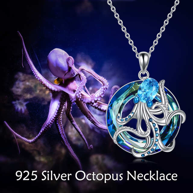 Sterling Silver Round Octopus Crystal Pendant Necklace-3