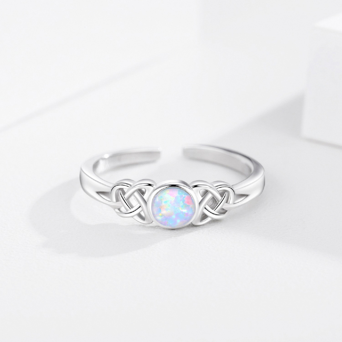 Sterling Silber Rund Opal Keltischer Knoten Offener Ring-4