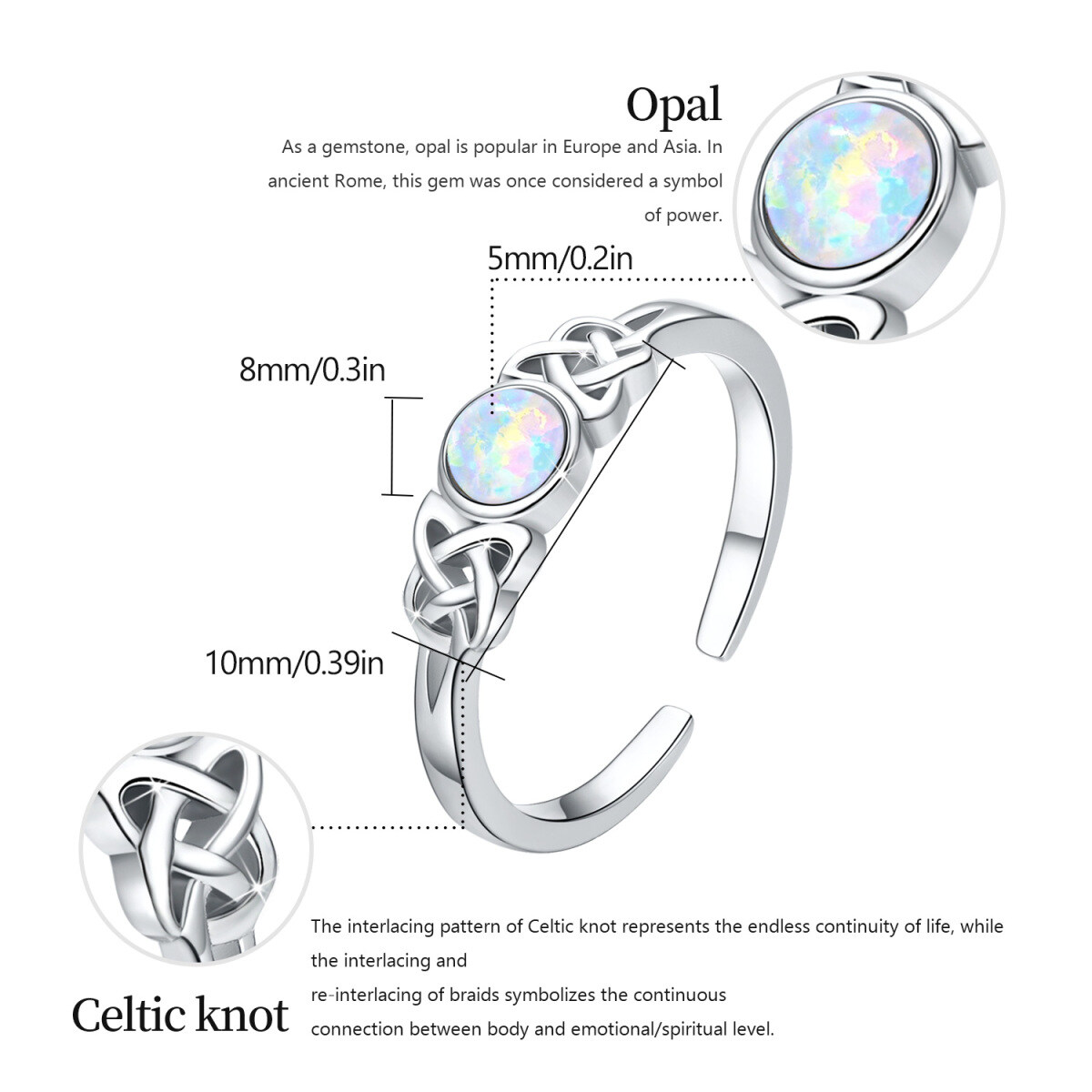 Sterling Silver Round Opal Celtic Knot Open Ring-5