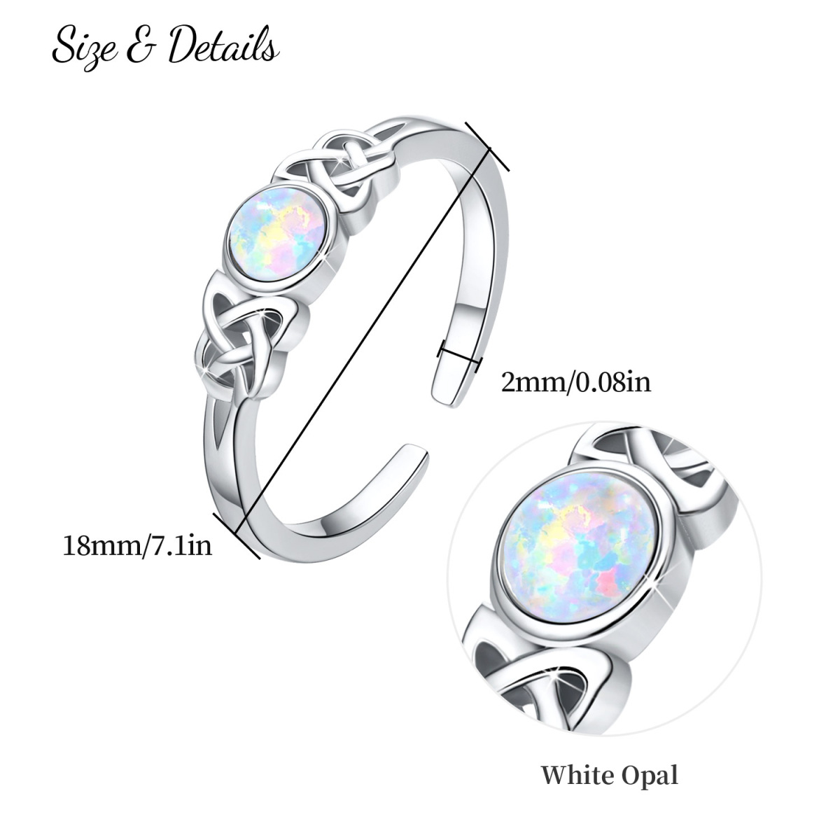 Sterling Silber Rund Opal Keltischer Knoten Offener Ring-6