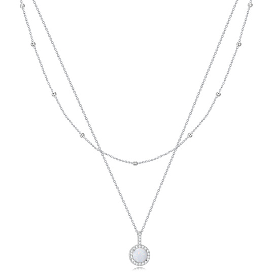 Sterling Silver Round Cubic Zirconia & Opal Round Layered Necklace For Women