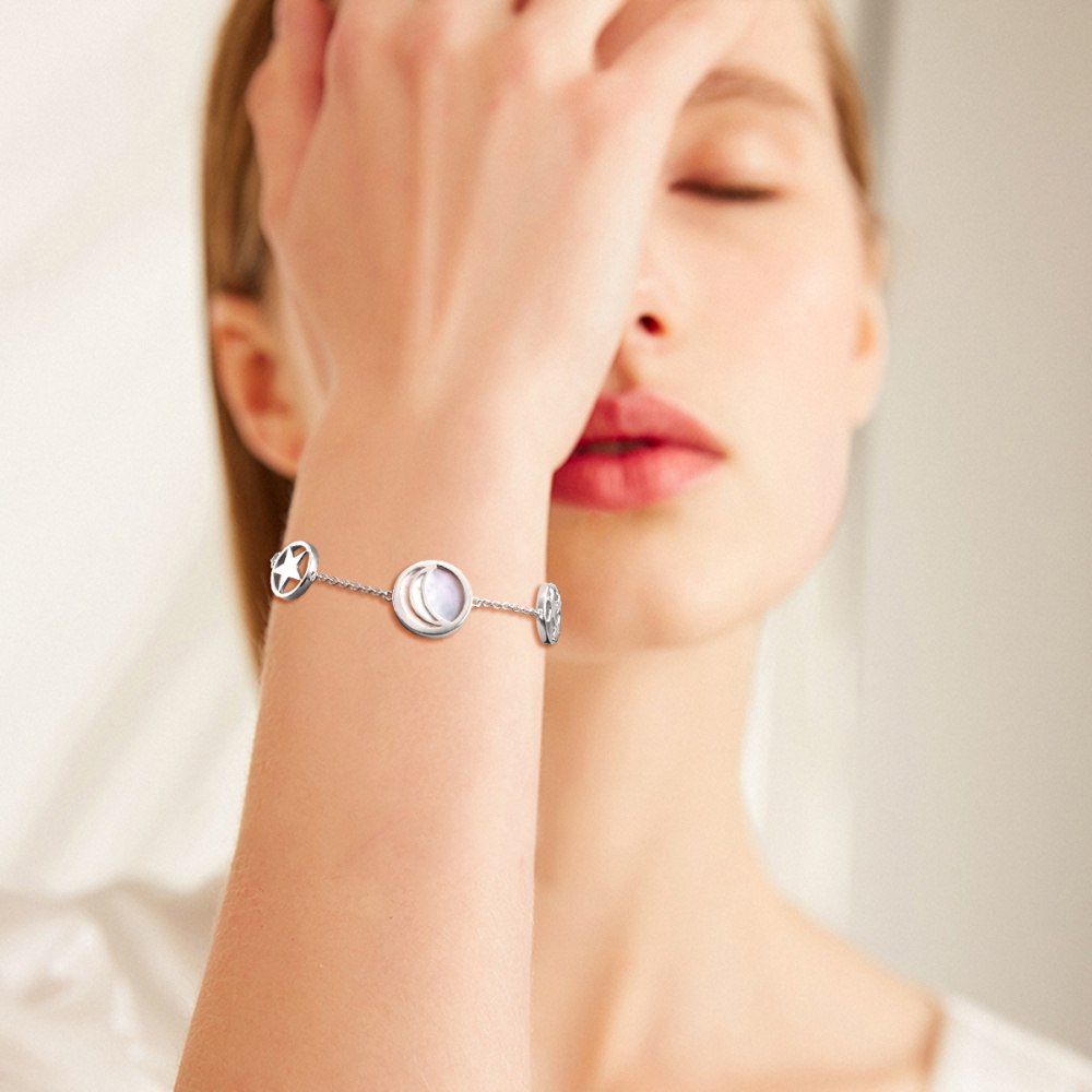 Sterling Silver Round Opal Moon Charm Bracelet-2