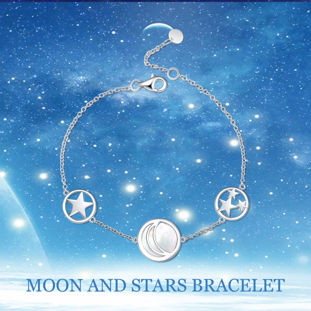 Sterling Silver Round Opal Moon Charm Bracelet-6