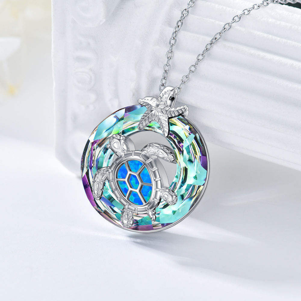 Sterling Silver Round Opal Sea Turtle & Starfish Urn Necklace for Ashes-3