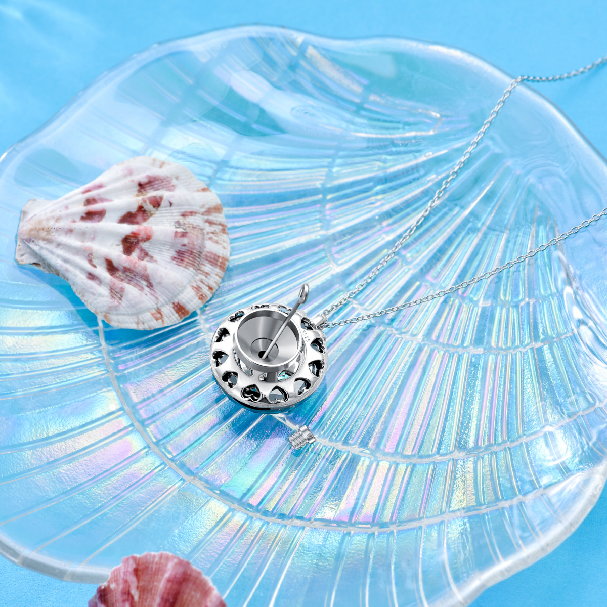 Collar redondo de plata de ley Opal Sea Turtle & Starfish Urn-4