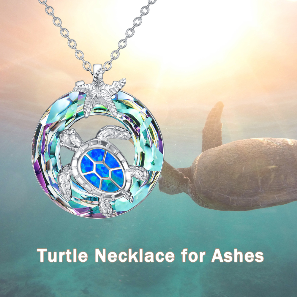 Sterling Silver Round Opal Sea Turtle & Starfish Urn Necklace for Ashes-6