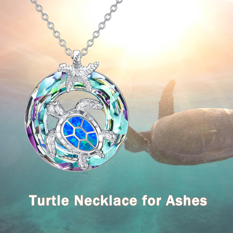 Sterling Silber Rund Opal Meeresschildkröte & Seestern Urne Halskette-6