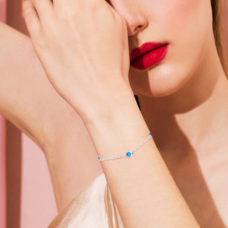 Pulseira com pingente de opala redonda/esférica em prata de lei-2