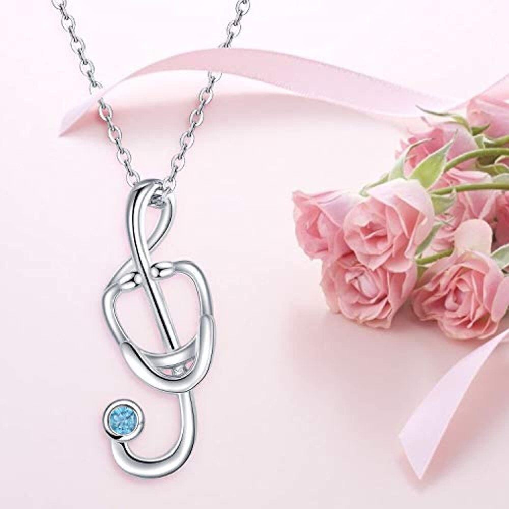 Sterling Silver Round Opal Stethoscope Pendant Necklace-4