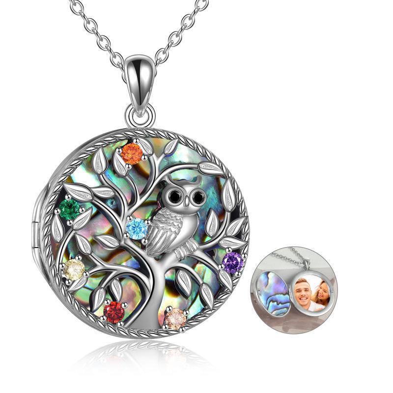 Collar con medallón fotográfico personalizado de búho, árbol de la vida y circonita cúbica de corte redondo en plata de ley con palabra grabada-1