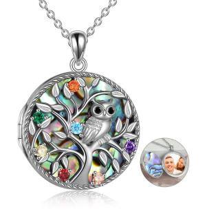 Sterling Silver Round Cubic Zirconia Owl & Tree Of Life Personalized Photo Locket Necklace with Engraved Word-39