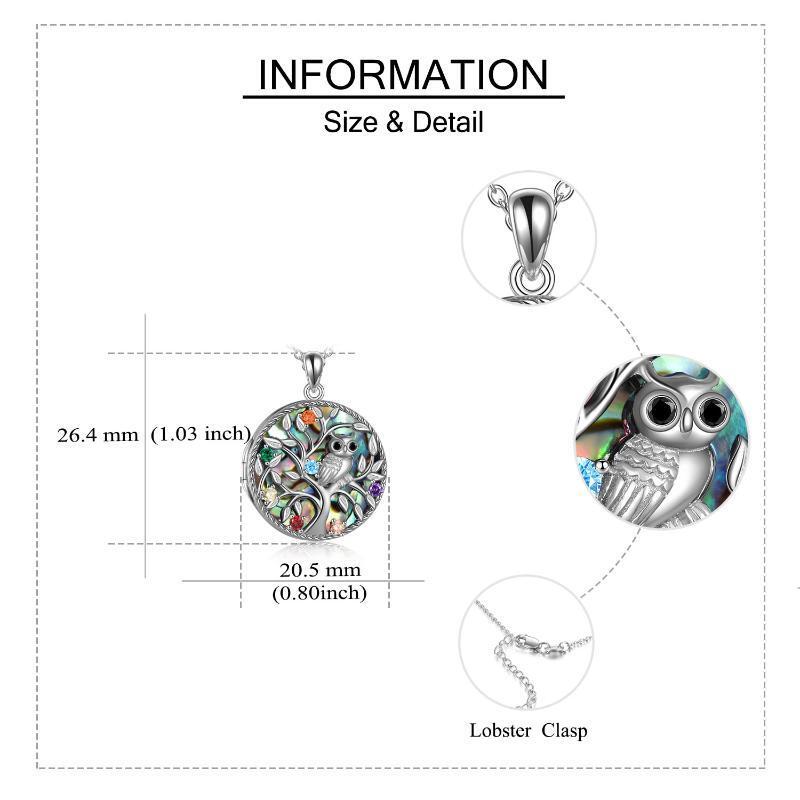 Collar con medallón fotográfico personalizado de búho, árbol de la vida y circonita cúbica de corte redondo en plata de ley con palabra grabada-4