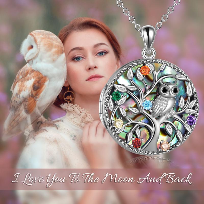 Collar con medallón fotográfico personalizado de búho, árbol de la vida y circonita cúbica de corte redondo en plata de ley con palabra grabada-5