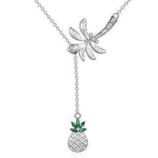 Sterling Silver Round Cubic Zirconia Palm Tree & Pineapple Adjustable Y Necklace-58