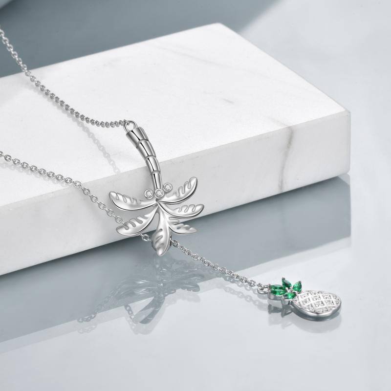 Sterling Silver Round Cubic Zirconia Palm Tree & Pineapple Adjustable Y Necklace-4