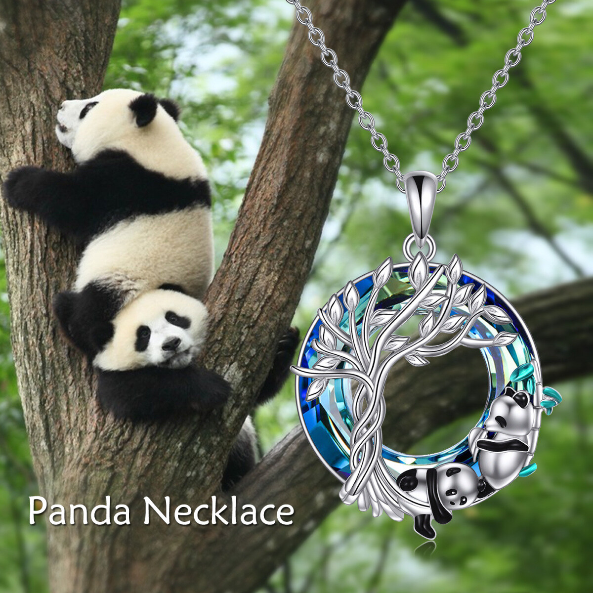 Collar Colgante Panda Redondo y Árbol de la Vida en Plata de Ley-5