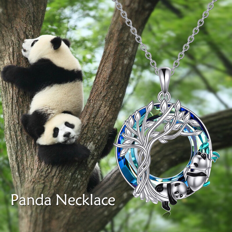 Sterling Silver Round Panda & Tree Of Life Crystal Pendant Necklace-5