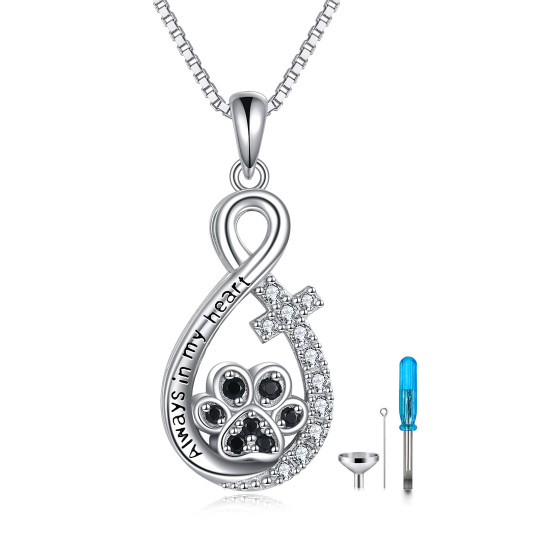 Zampa rotonda in argento sterling con zirconi cubici con croce, simbolo dell'infinito, collana con urna per ceneri con parola incisa per le donne