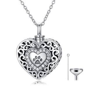 Sterling Silver Round Cubic Zirconia Paw & Heart Urn Necklace for Ashes with Engraved Word-36