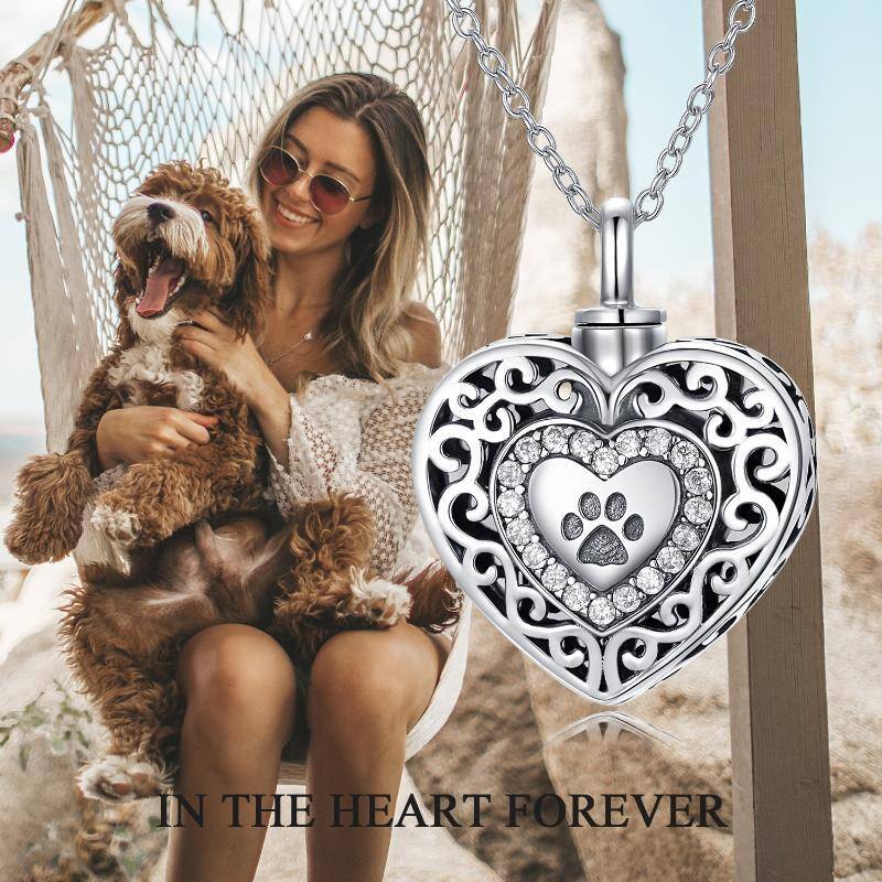 Sterling Silver Round Cubic Zirconia Paw & Heart Urn Necklace for Ashes with Engraved Word-3