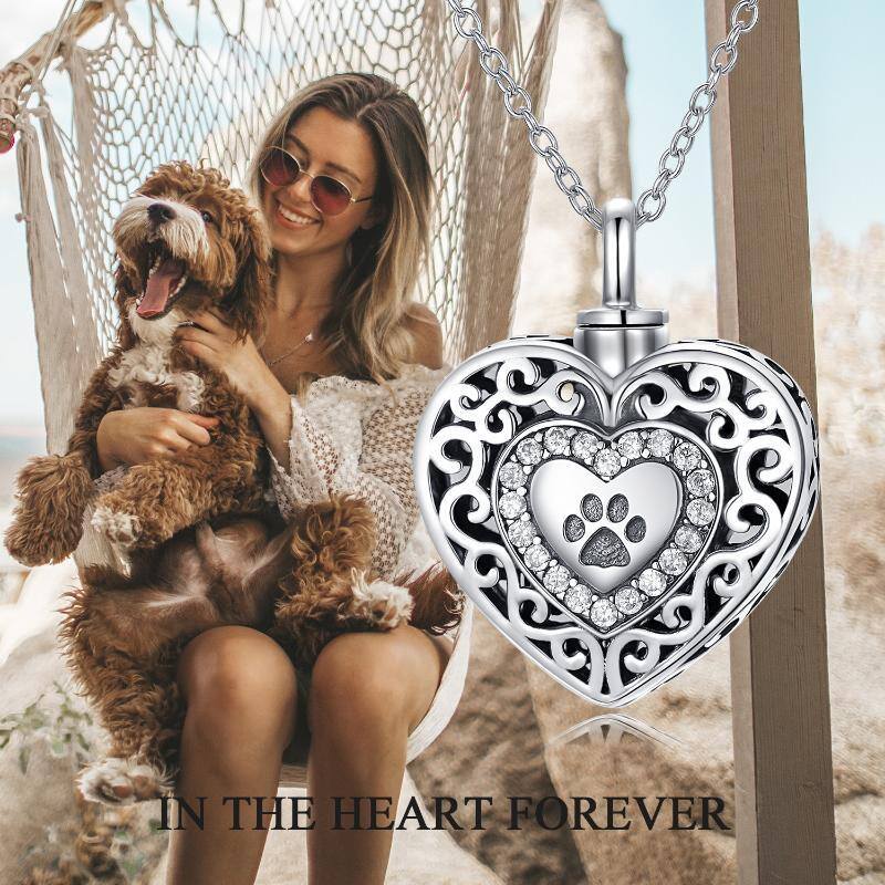Sterling Silver Round Cubic Zirconia Paw & Heart Urn Necklace for Ashes with Engraved Word-7