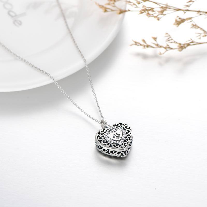 Sterling Silver Round Cubic Zirconia Paw & Heart Urn Necklace for Ashes with Engraved Word-3