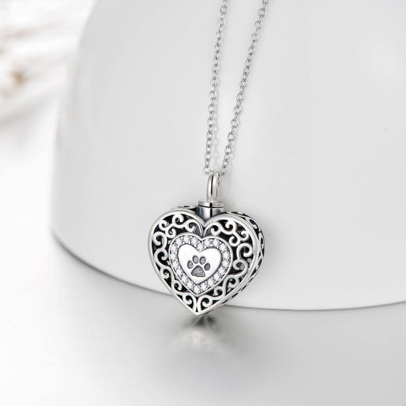 Sterling Silver Round Cubic Zirconia Paw & Heart Urn Necklace for Ashes with Engraved Word-6