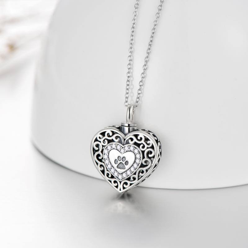 Sterling Silver Round Cubic Zirconia Paw & Heart Urn Necklace for Ashes with Engraved Word-5