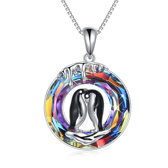 Sterling Silver Round Penguin Crystal Pendant Necklace