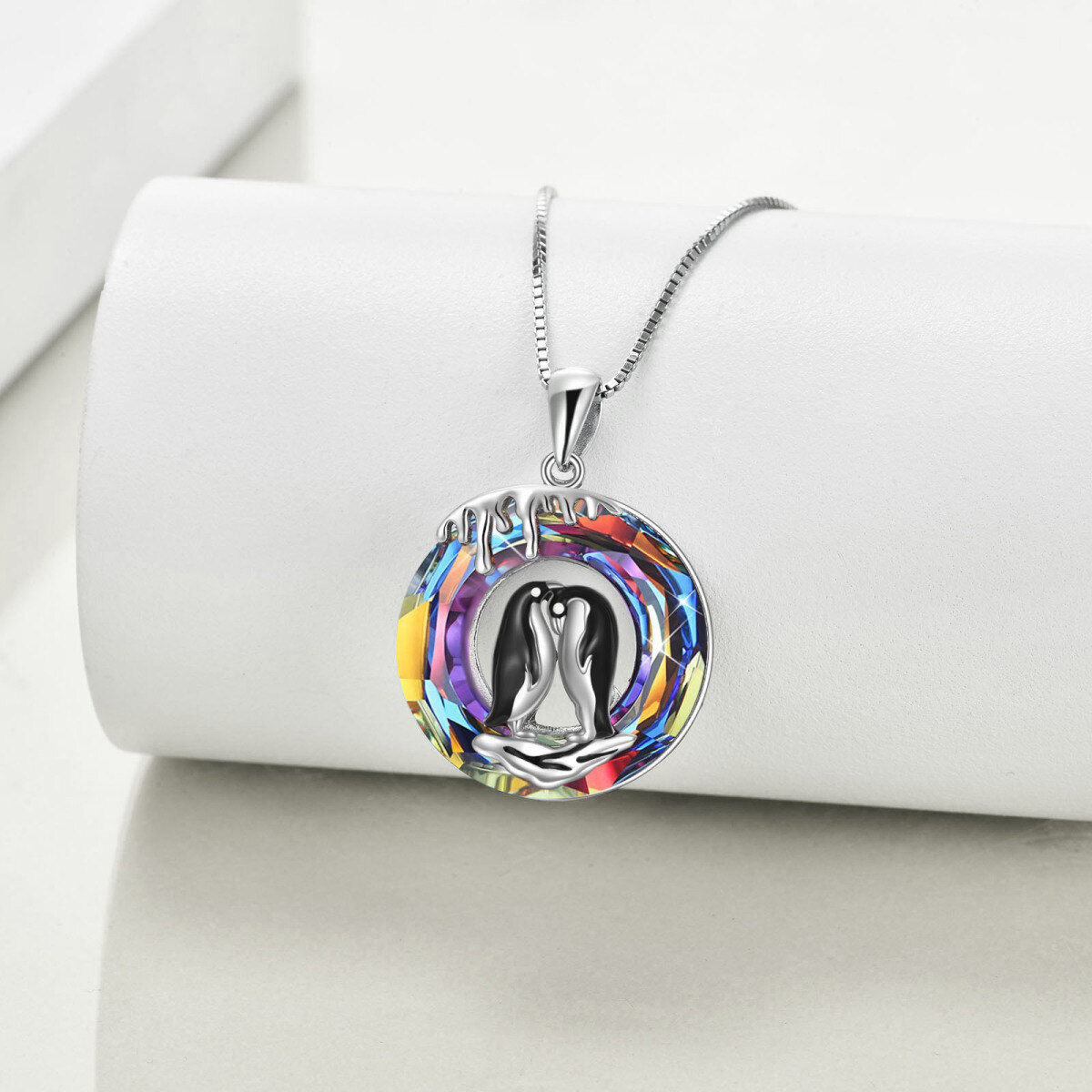 Sterling Silver Round Penguin Crystal Pendant Necklace-3