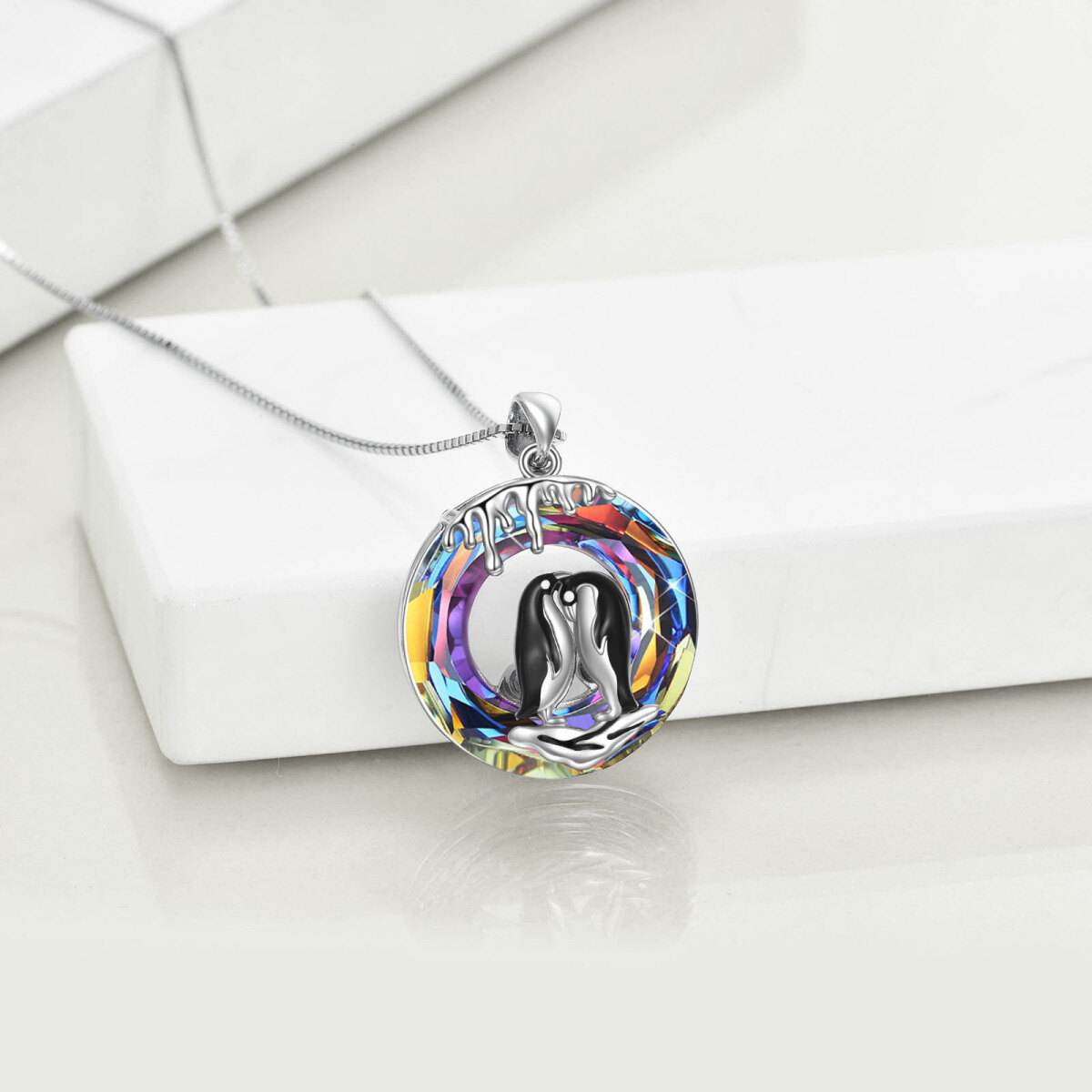 Sterling Silver Round Penguin Crystal Pendant Necklace-4