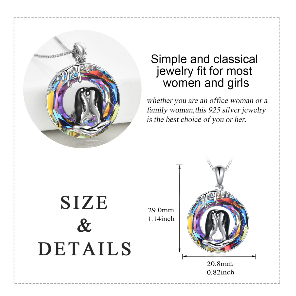 Sterling Silver Round Penguin Crystal Pendant Necklace-5