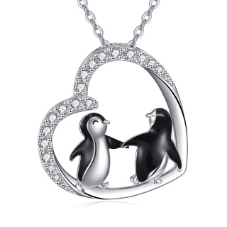 Sterling Silver Round Cubic Zirconia Penguin & Heart Pendant Necklace-23