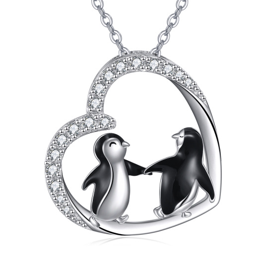 Sterling zilveren ronde cubic zirconia pinguïn & hart hanger ketting