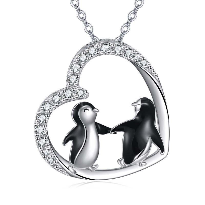Sterling zilveren ronde cubic zirconia pinguïn & hart hanger ketting-18