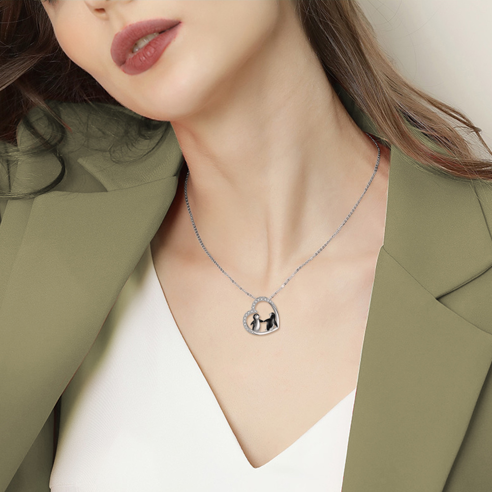 Sterling Silver Round Cubic Zirconia Penguin & Heart Pendant Necklace-2