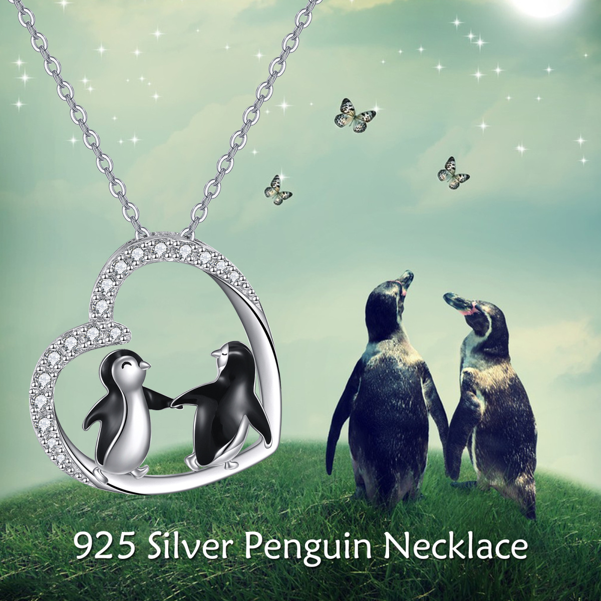 Collar de plata de ley con pingüino redondo de circonita cúbica y colgante de corazón-3