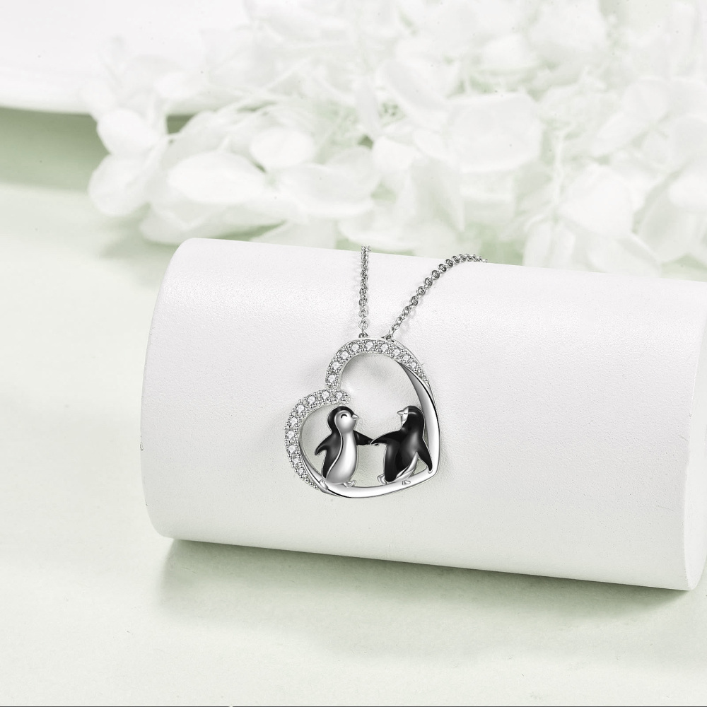 Sterling Silver Round Cubic Zirconia Penguin & Heart Pendant Necklace-4