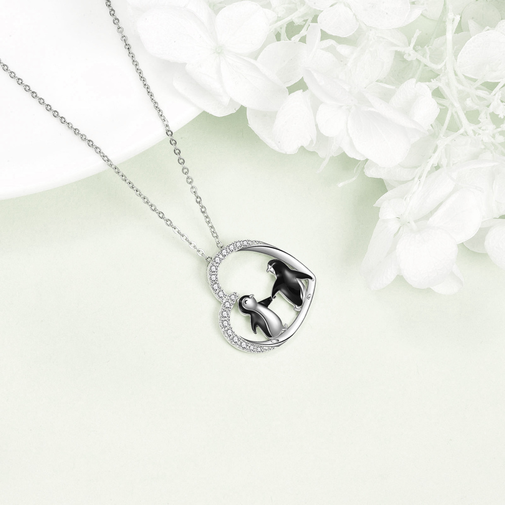 Sterling Silver Round Cubic Zirconia Penguin & Heart Pendant Necklace-5