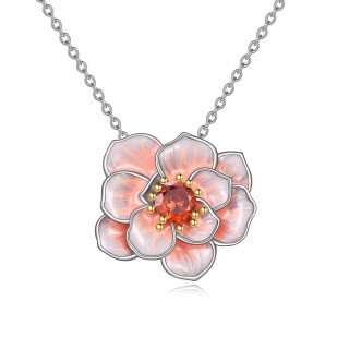 Sterling Silver Round Cubic Zirconia Peony Flower Pendant Necklace-4