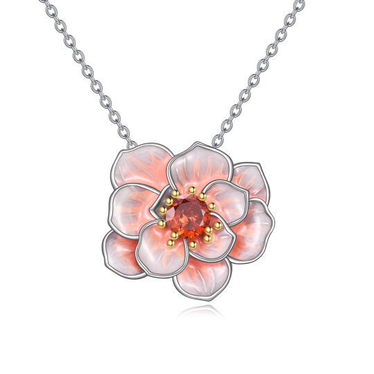 Sterling Silver Round Cubic Zirconia Peony Flower Pendant Necklace