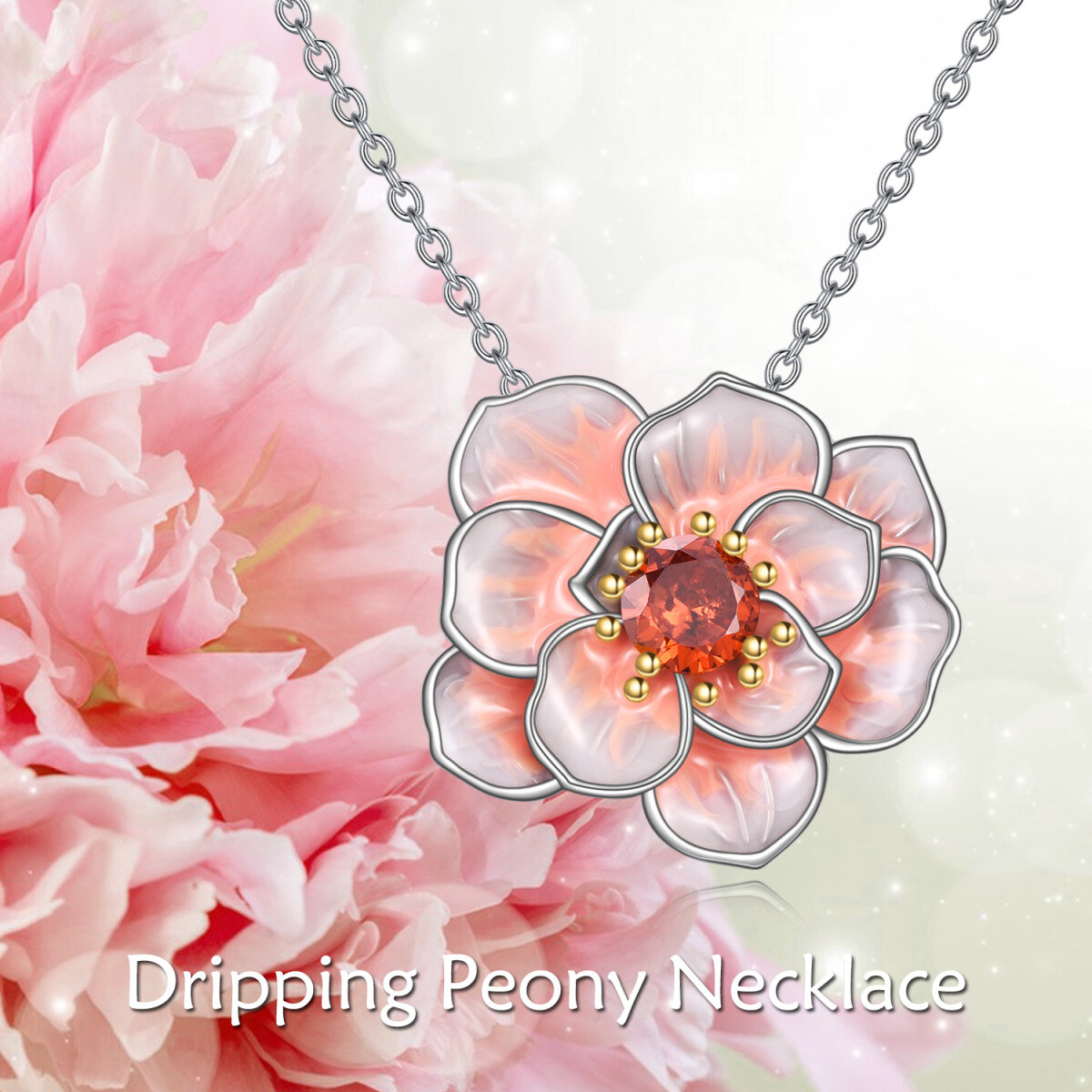 Sterling Silver Round Cubic Zirconia Peony Flower Pendant Necklace-3