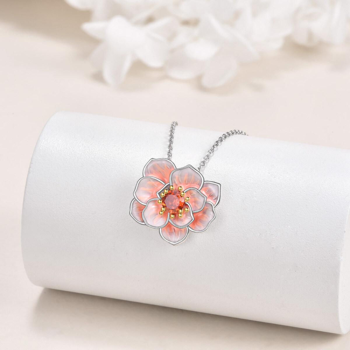 Sterling Silver Round Cubic Zirconia Peony Flower Pendant Necklace-4