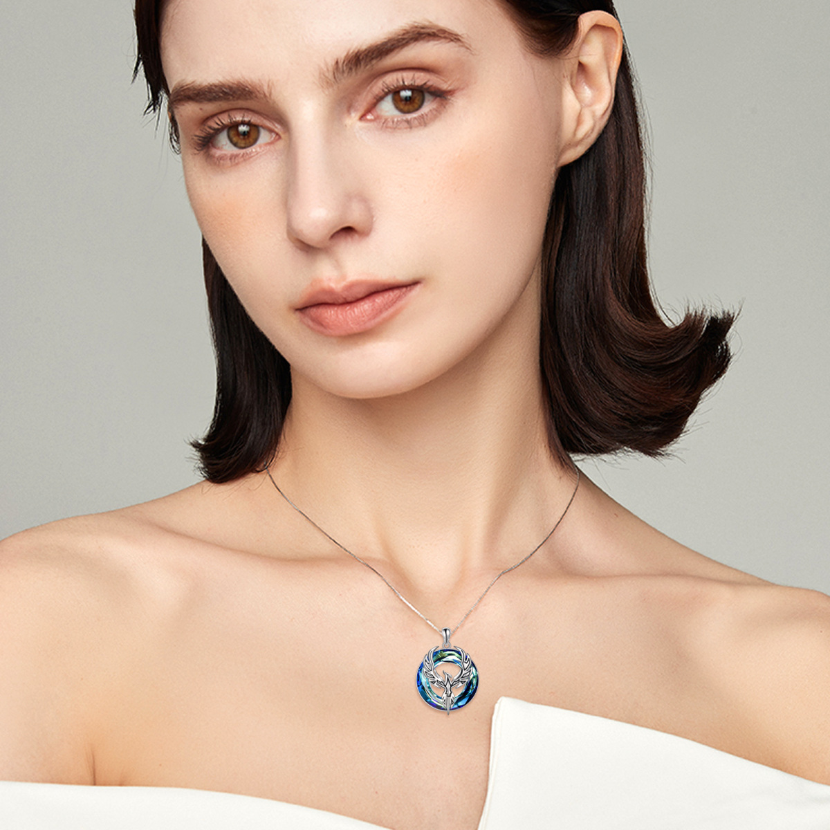 Sterling Silver Round Phoenix Crystal Pendant Necklace-2