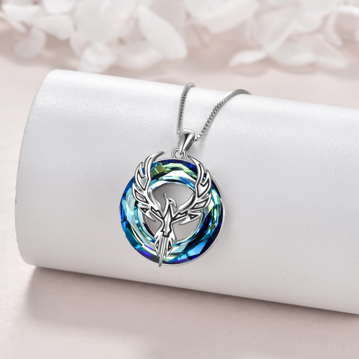 Sterling Silver Round Phoenix Crystal Pendant Necklace-3