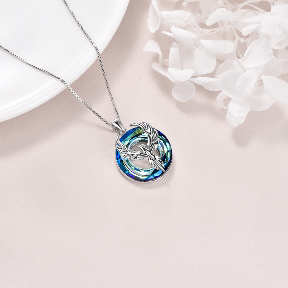 Sterling Silver Round Phoenix Crystal Pendant Necklace-4
